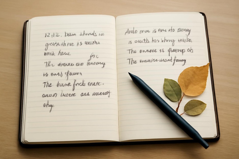 An open field notebook with neat handwriting, a pen, and pressed leaves at the edge