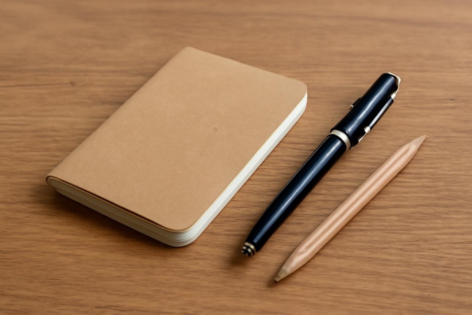 A pocket notebook, a fountain pen, and a pencil on a wooden table