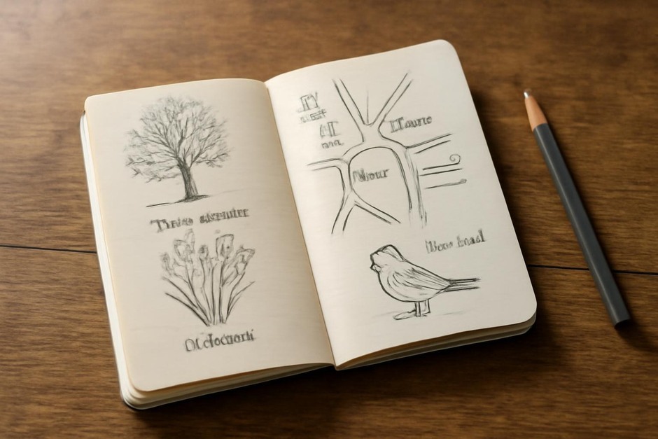A small pocket notebook open to seasonal sketches and notes