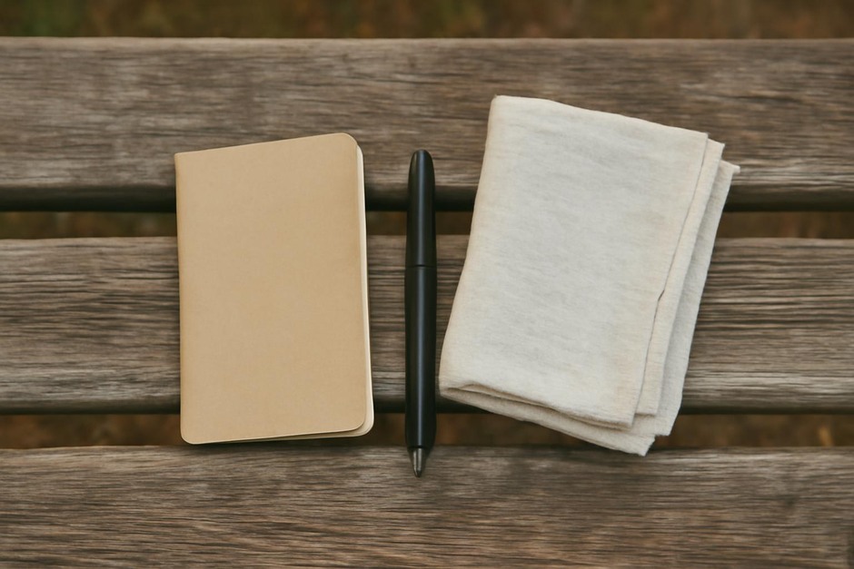 A small notebook, pen, and folded cloth on a wooden bench