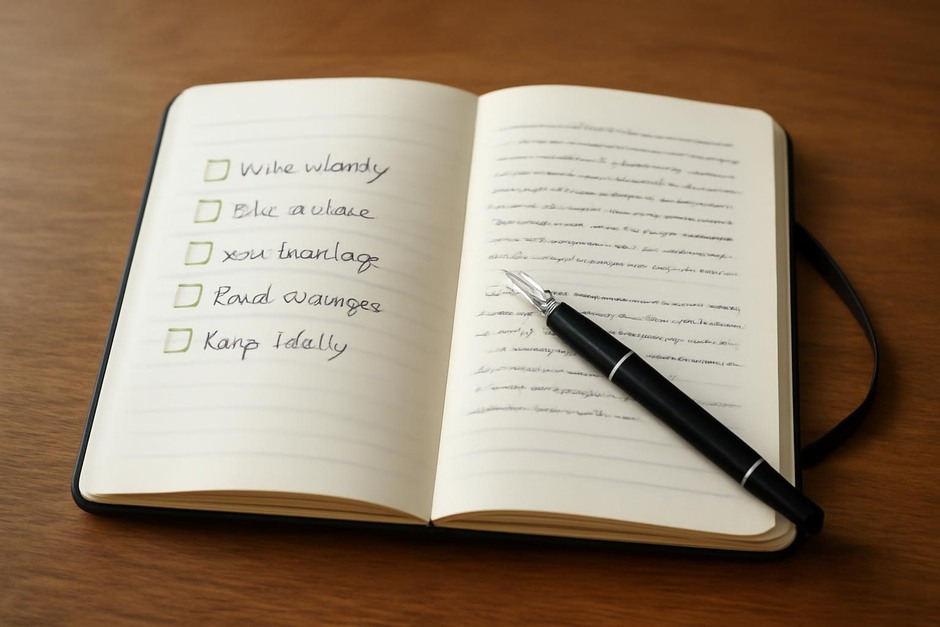 A neatly open journal with a pen and elastic band